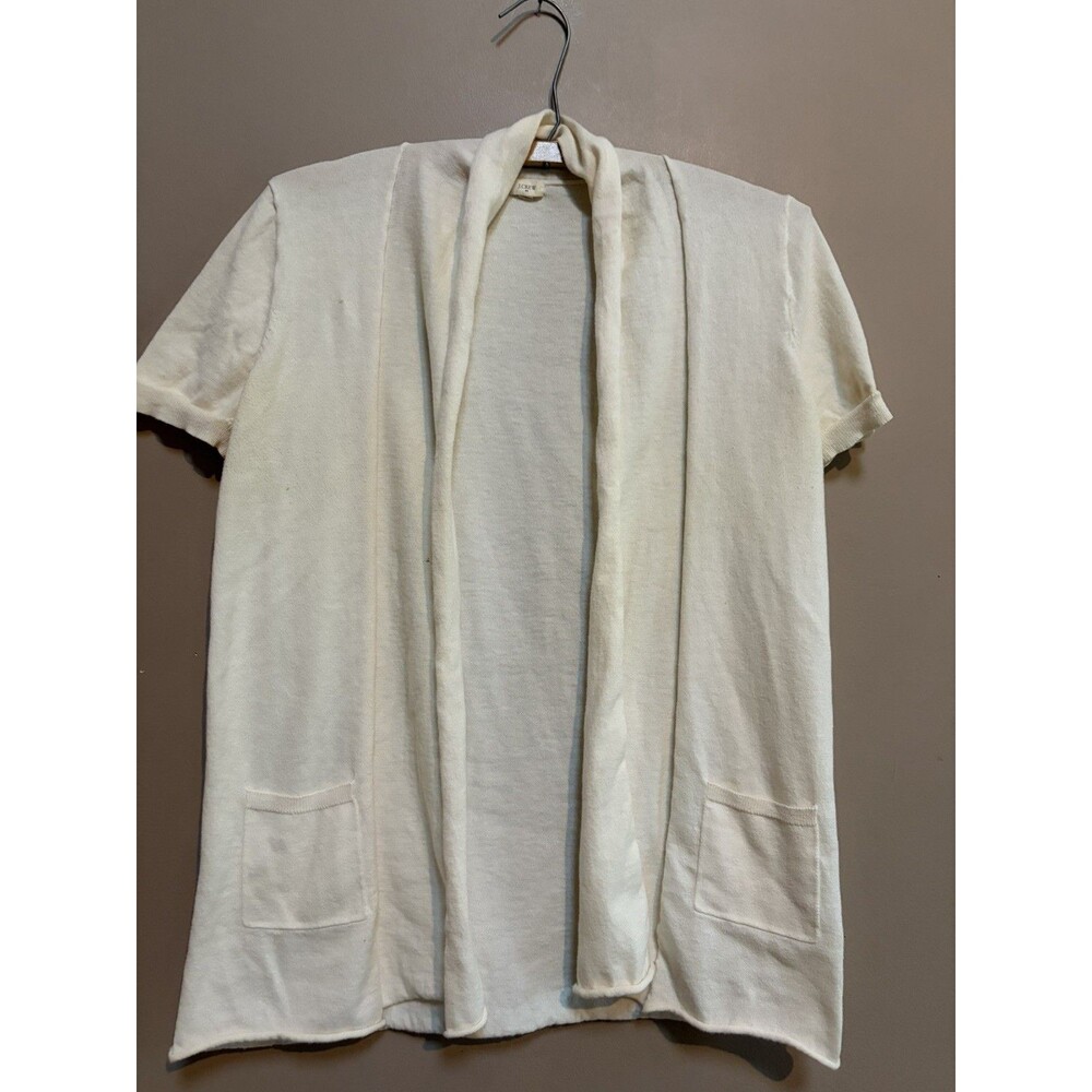 J.CREW 100% Cotton Cream Open Knit Cardigan Sweater Pockets Short Sleeve Medium